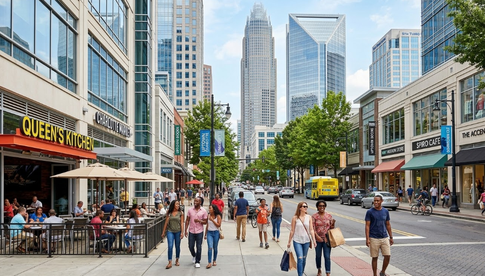 Busy street in Uptown Charlotte NC with shops restaurants and pedestrians