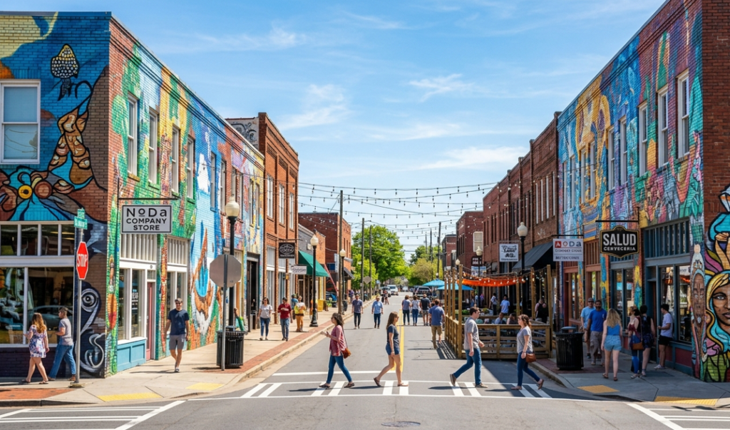 Colorful murals and street art in NoDa Charlotte arts district

